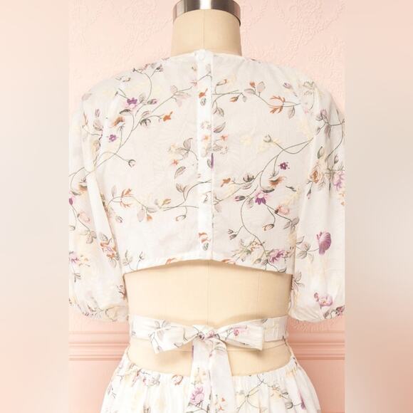 Storia Midi Dress Floral Embroidered Open Back Puff Sleeve Womens Size M - Picture 4 of 11